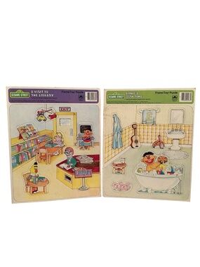 Sesame Street 1984 Jim Henson Muppets Golden Frame Tray Puzzle Set Ernie Library